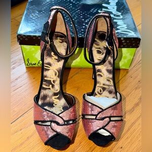 Sam Edelman Paisley Rose Gold Sequin Peep-Toe Ankle-Strap Heels sz 9 M